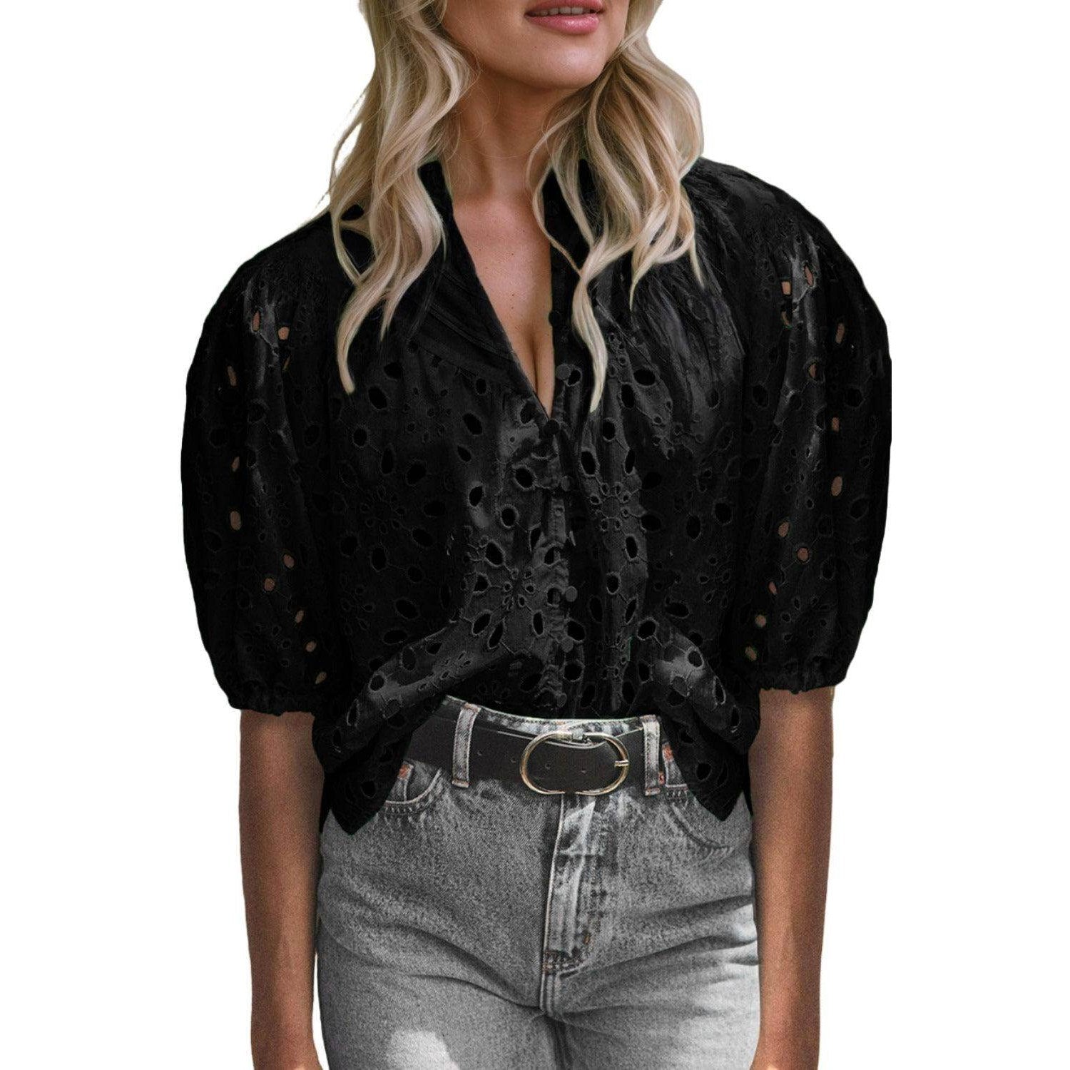 Eyelet Button Up Half Sleeve Blouse - VacationGrabs