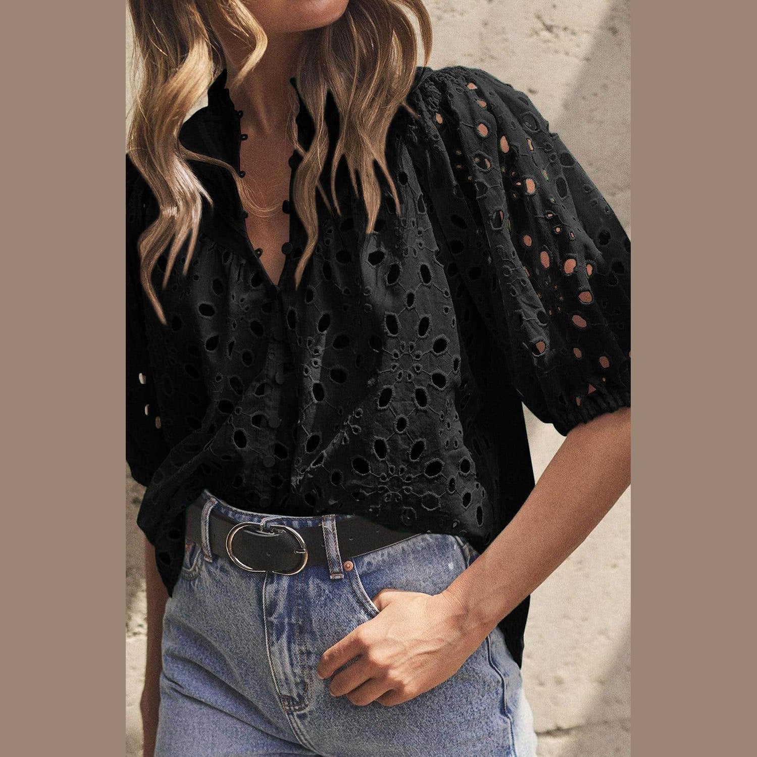 Eyelet Button Up Half Sleeve Blouse - VacationGrabs