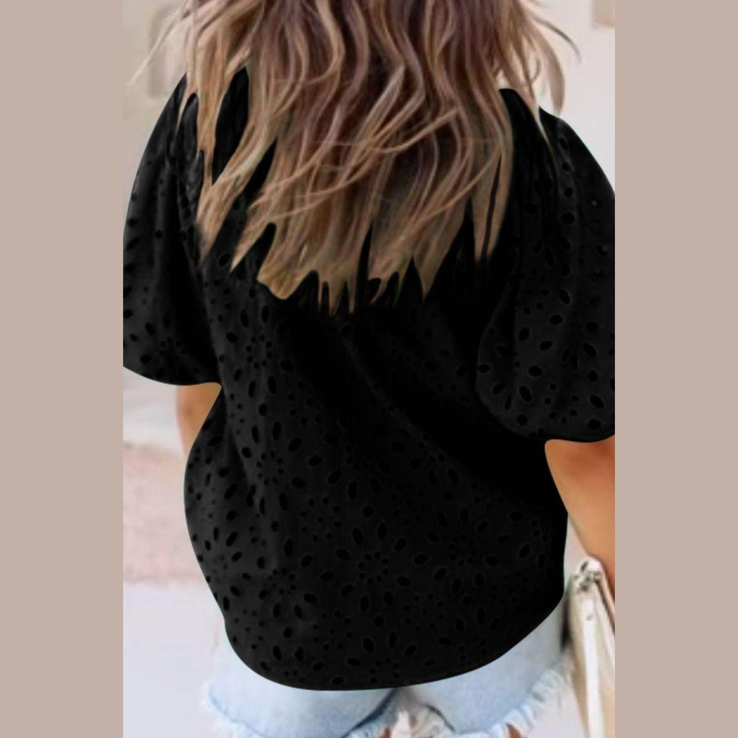 Eyelet Button Up Half Sleeve Blouse - VacationGrabs
