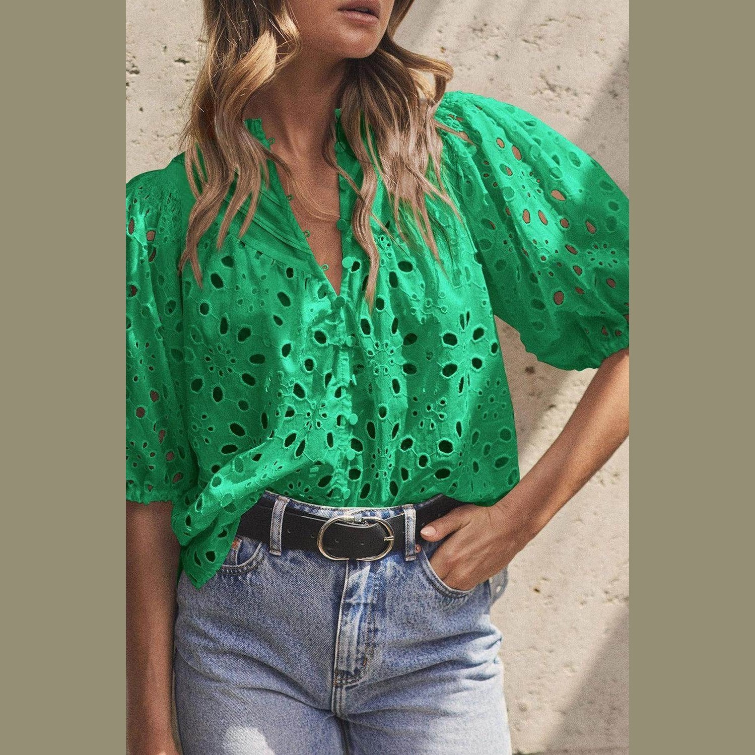Eyelet Button Up Half Sleeve Blouse - VacationGrabs