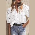 Eyelet Button Up Half Sleeve Blouse - VacationGrabs