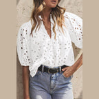Eyelet Button Up Half Sleeve Blouse - VacationGrabs