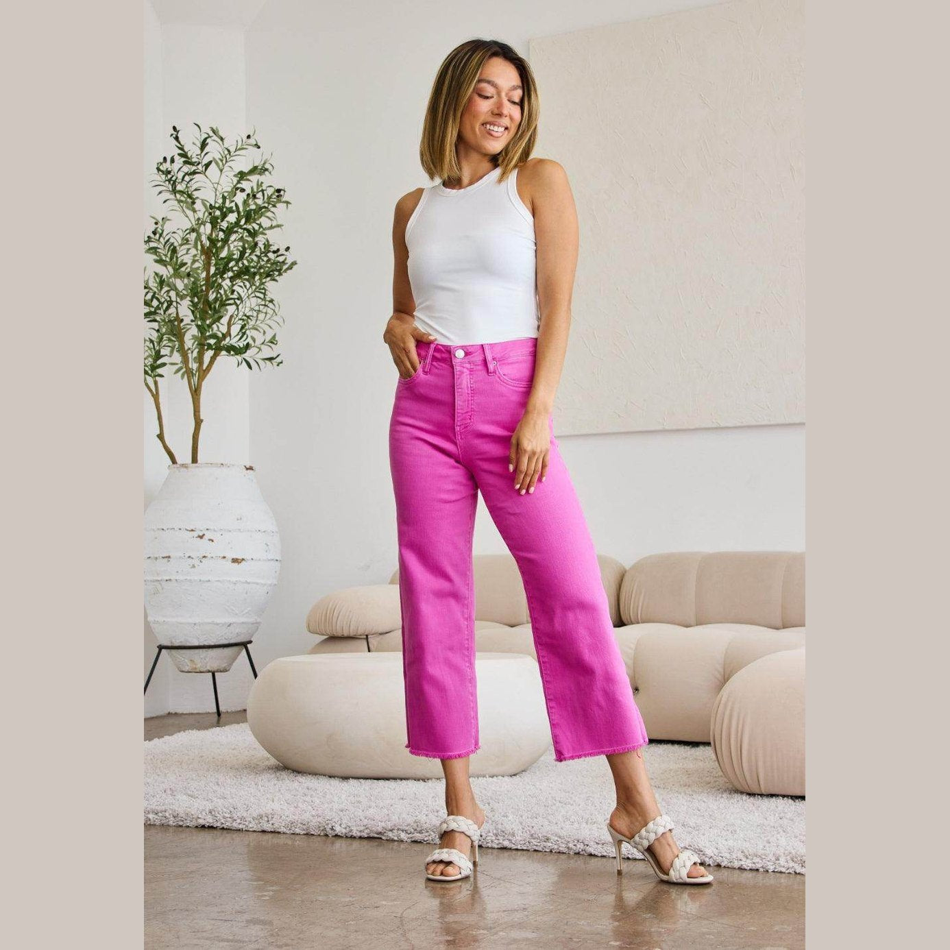 RFM Crop Chloe Full Size Tummy Control High Waist Raw Hem - VacationGrabs