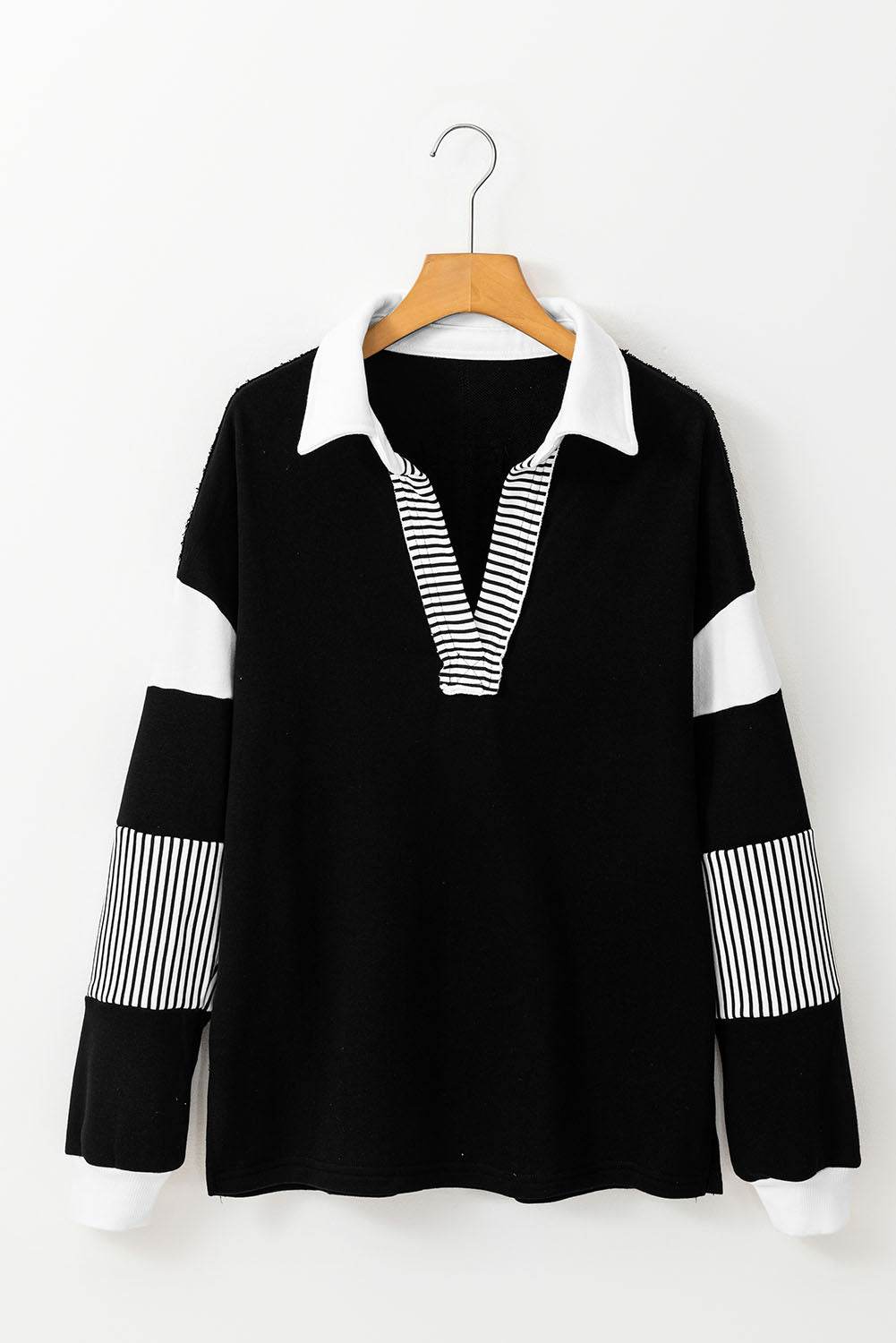 Black Striped Colorblock Patchwork Collar Sweatshirt - VacationGrabs