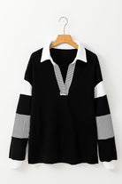 Women's Sweatshirts & HoodiesBlack Striped Colorblock Patchwork Collar Sweatshirt - VacationGrabs