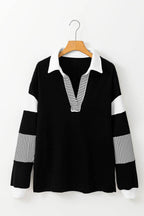 Black Striped Colorblock Patchwork Collar Sweatshirt - VacationGrabs