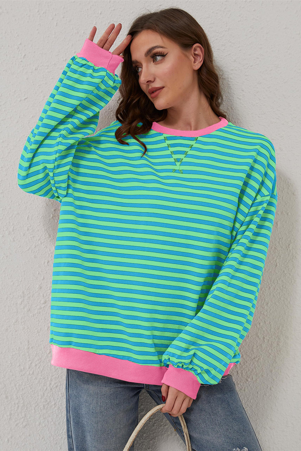 Women's Sweatshirts & HoodiesSky Blue Stripe Oversized Contrast Trim Pullover Sweatshirt - VacationGrabs