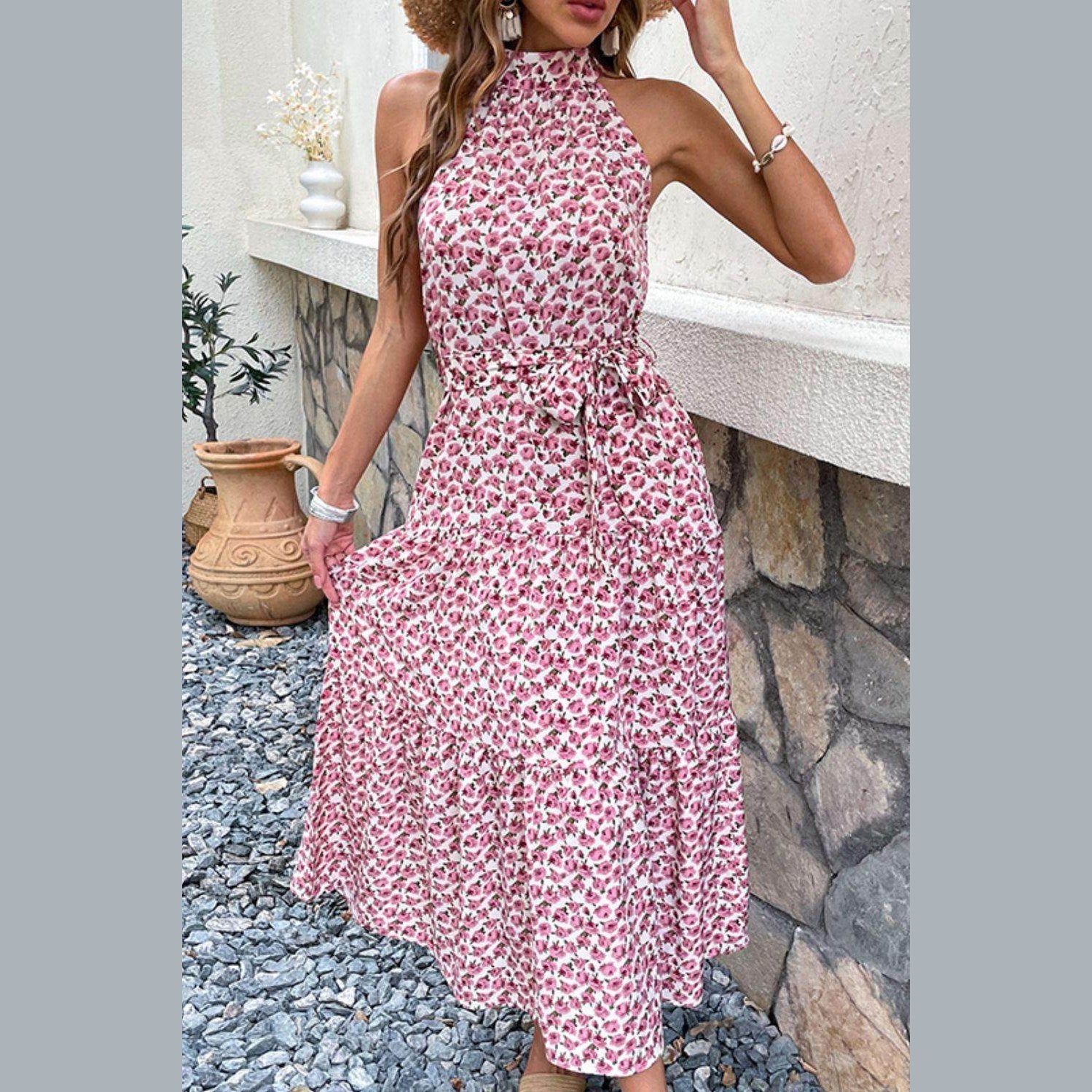 Floral Tie-Waist Tiered Dress - VacationGrabs