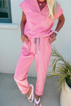 Solid V-Neck Tee & Drawstring Pants Set