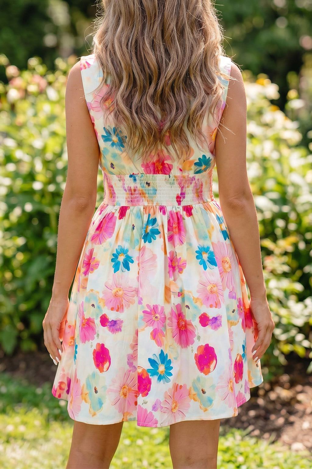 Floral Zip Up V-Neck Smocked Flared Mini Dress
