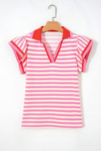 Stripe Contrast Trim Polo Collar Ruffle Sleeve Blouse