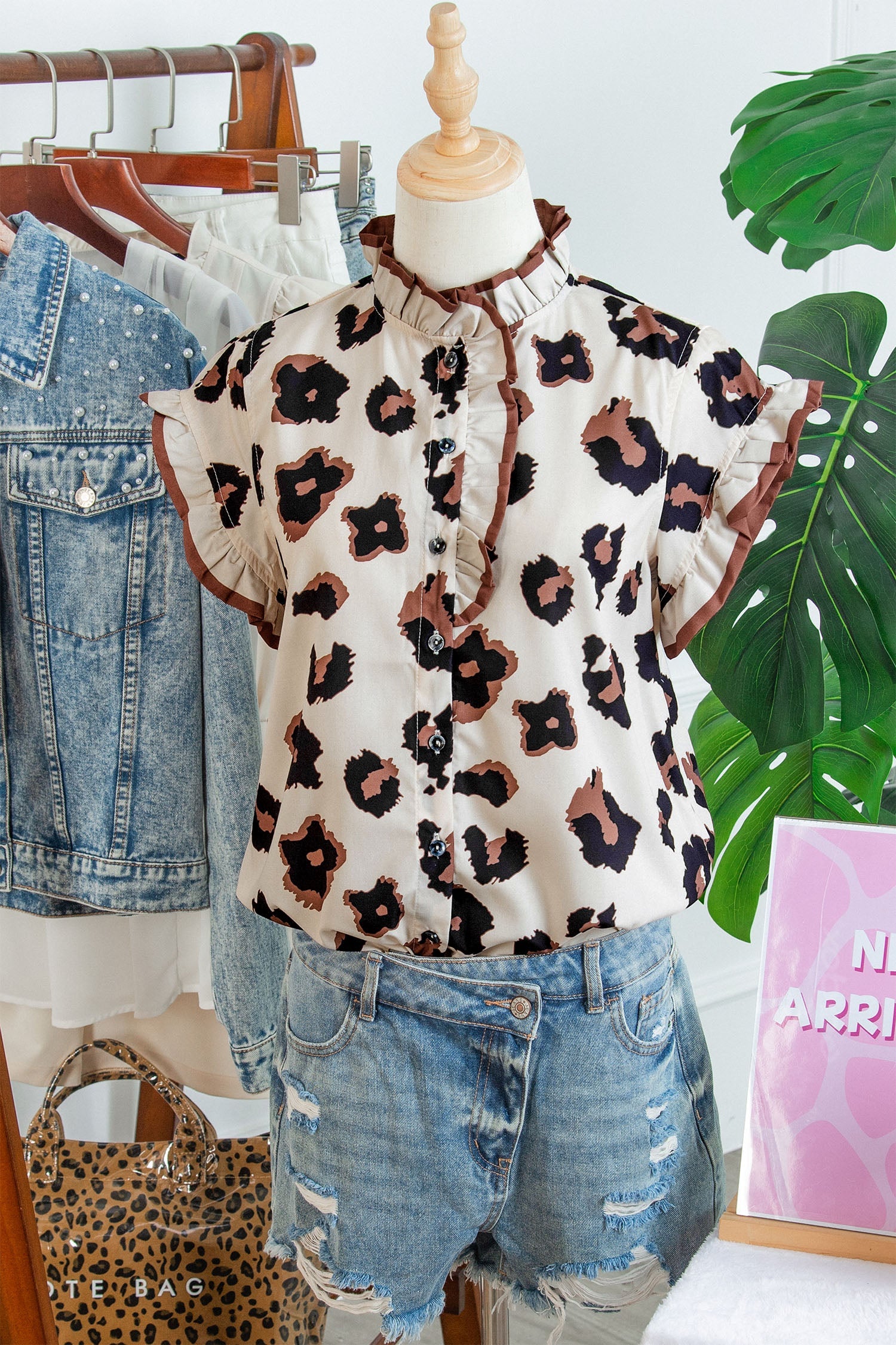 Leopard Ruffle Sleeve Button Up Blouse