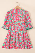 Floral Patchwork V-Neck Bubble Sleeve Mini Dress