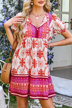 Boho Floral Lace-Up V-Neck Mini Dress