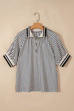 Stripe Half Zip Polo Collar Puff Sleeve Blouse