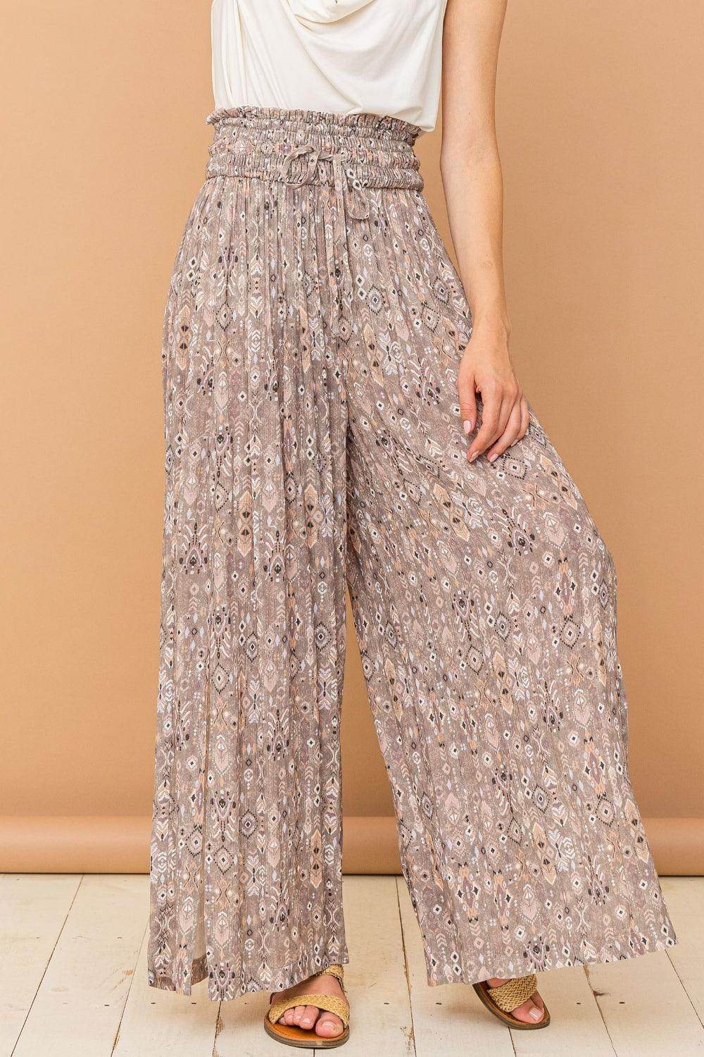 And The Why Printed Smocked Waist Slit Wide Leg Pants - VacationGrabs