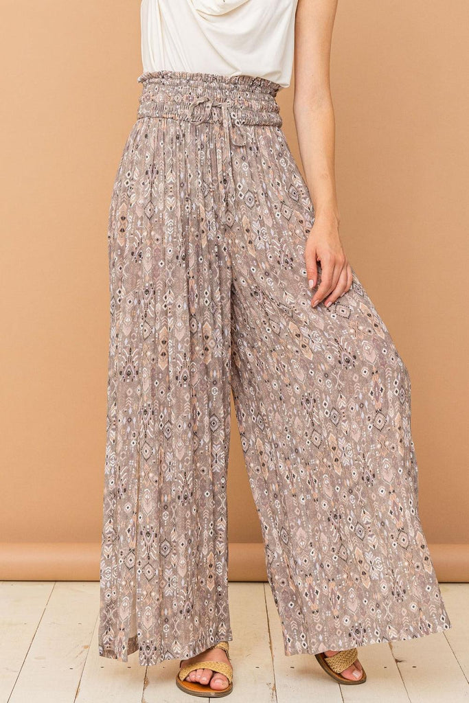 Women's Pants And The Why Printed Smocked Waist Slit Wide Leg Pants