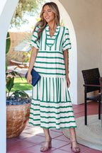 Stripe Ricrac Trim Notched Neck Midi Dress