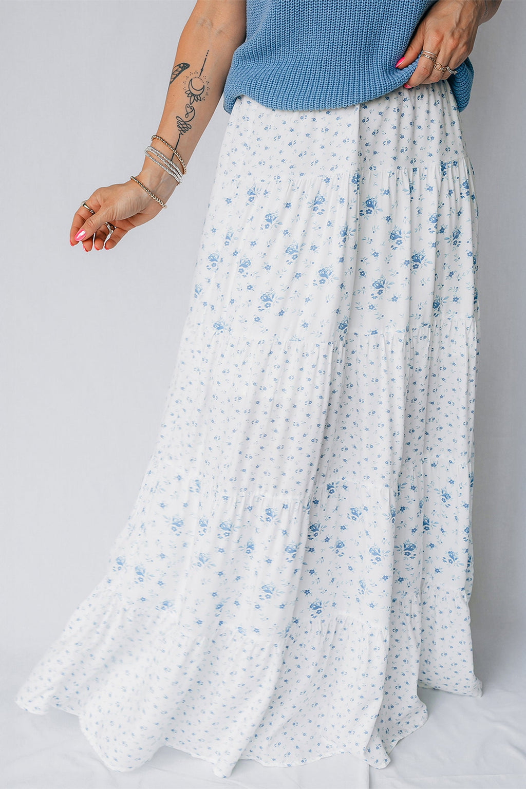 Floral Patchwork High Waist Tiered Maxi Skirt