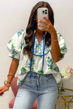 Floral Contrast Trim Tie Neck Blouse