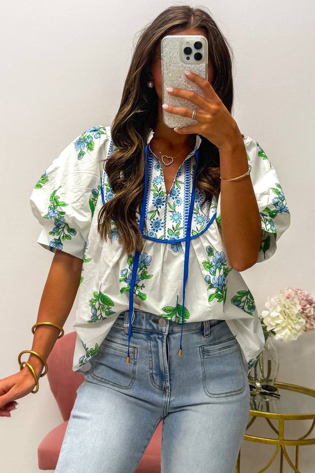Floral Contrast Trim Tie Neck Blouse