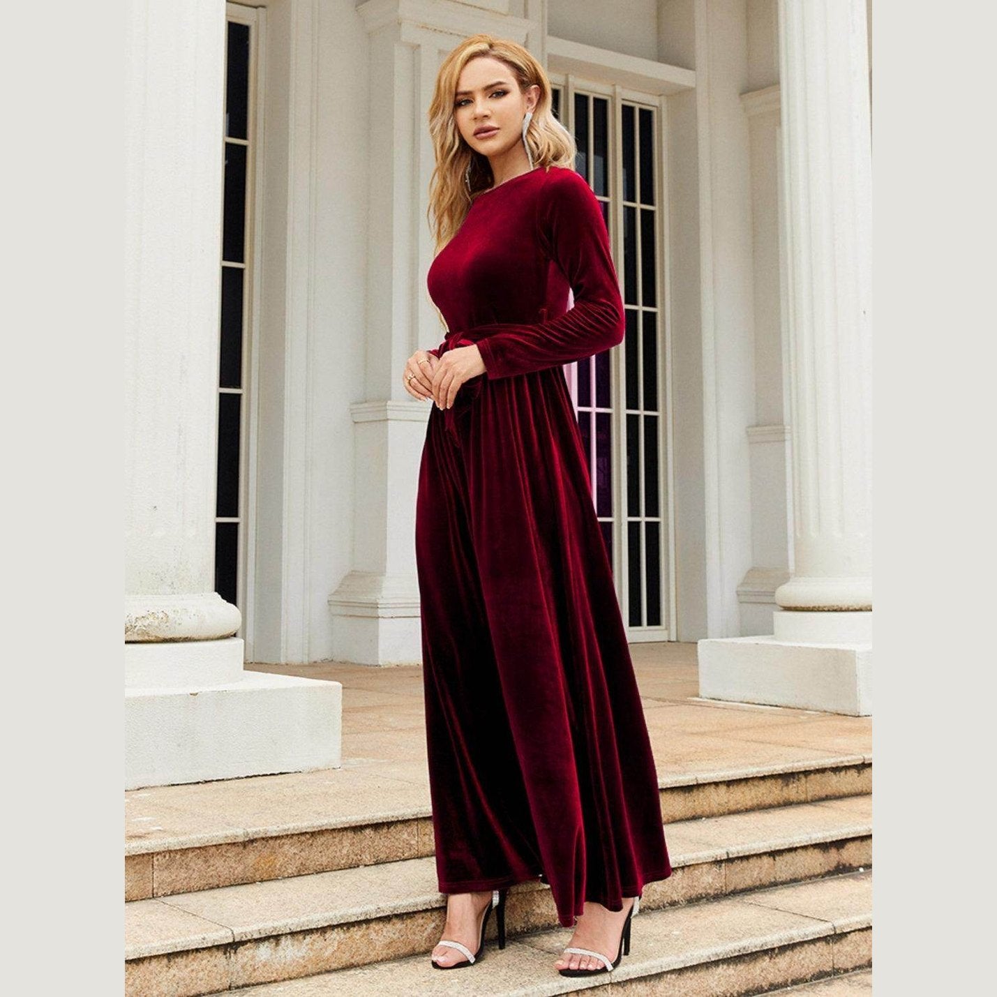 Tie Front Round Neck Long Sleeve Maxi Dress - VacationGrabs