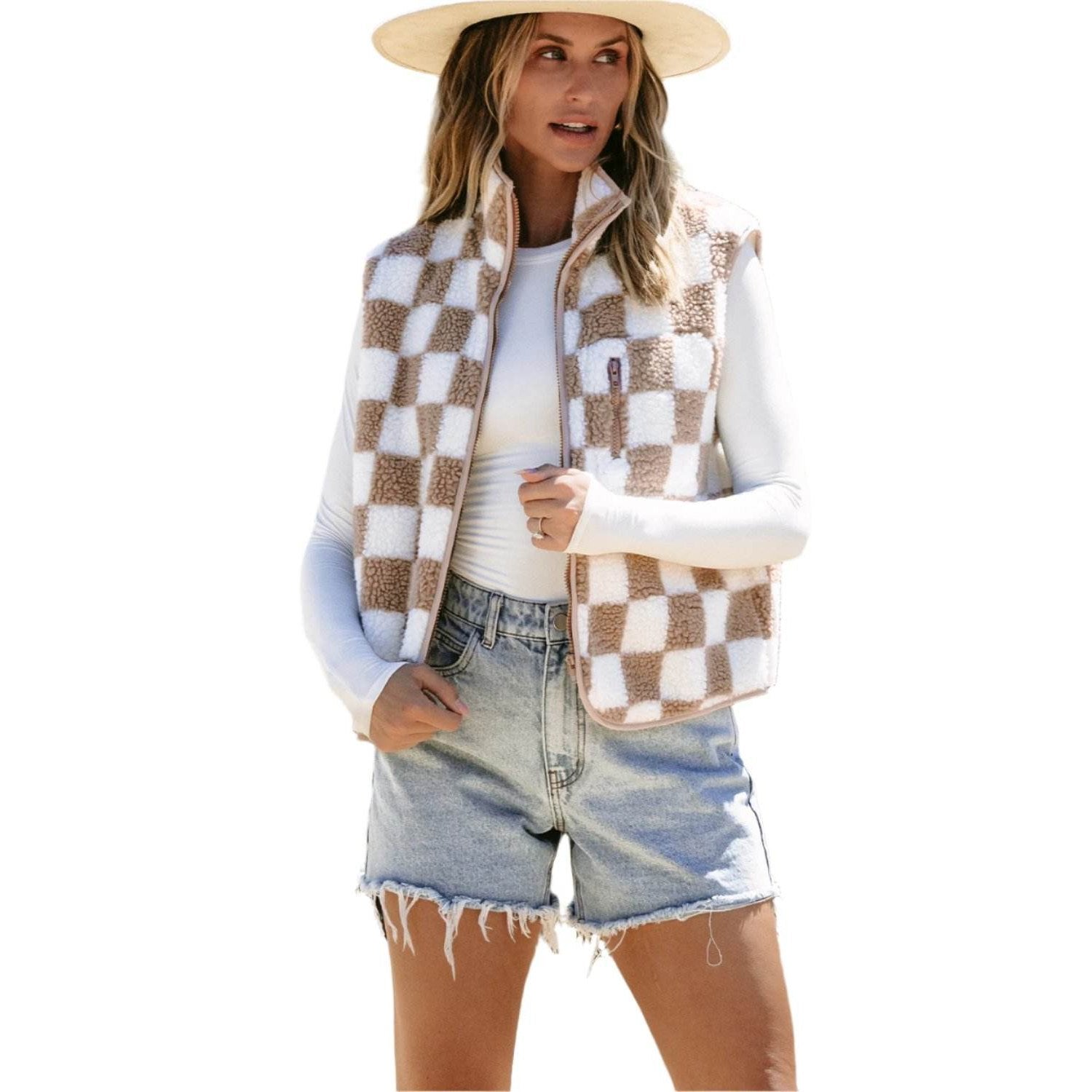 Khaki Checkered Sherpa Collared Jacket Vest - VacationGrabs