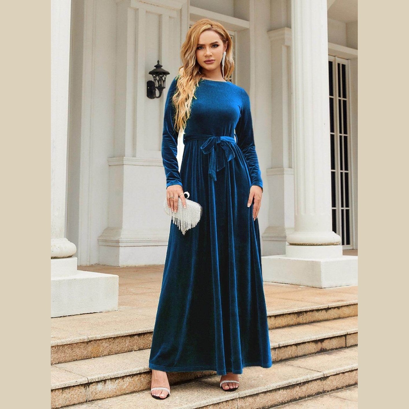 Tie Front Round Neck Long Sleeve Maxi Dress - VacationGrabs