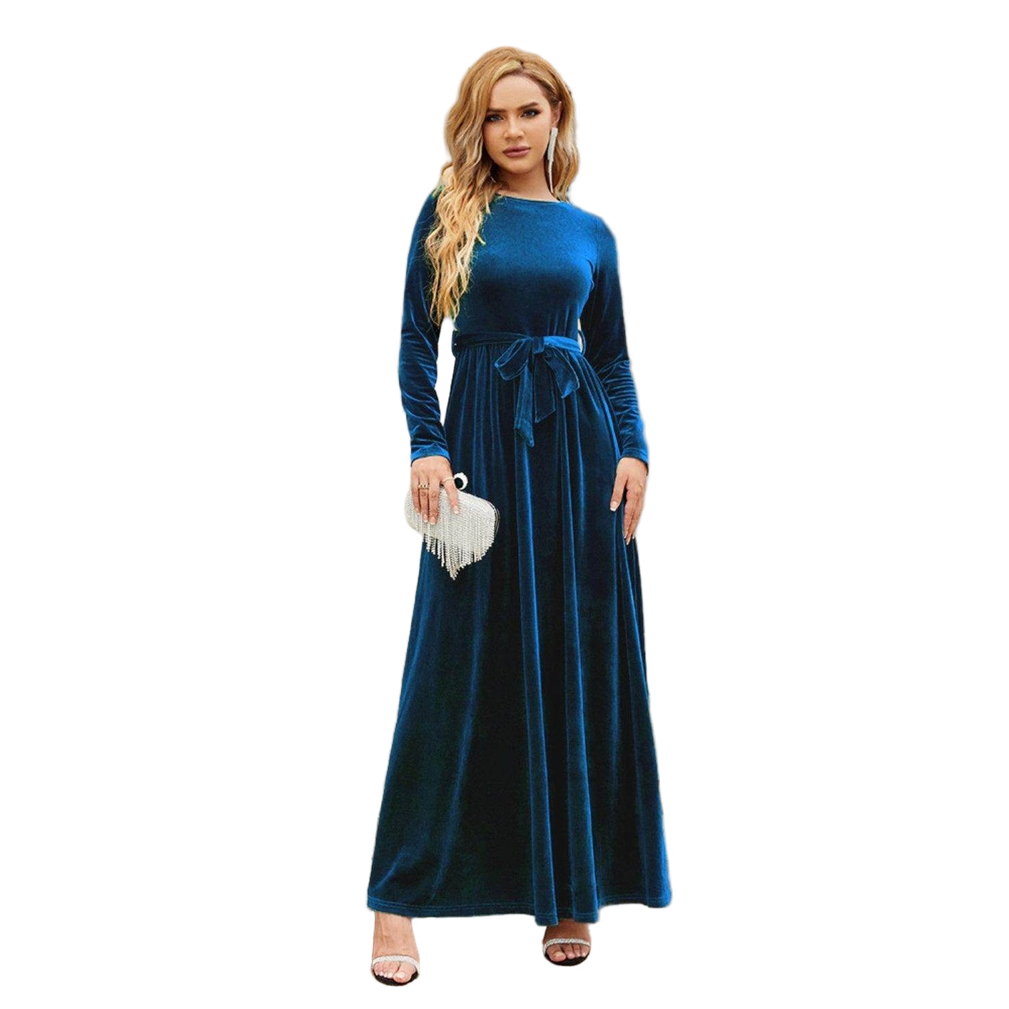 Tie Front Round Neck Long Sleeve Maxi Dress - VacationGrabs