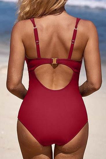 Scalloped V Neck Cut Out Monokini Swimwear - VacationGrabs