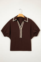 Contrast Trim Button V-Neck Short Sleeve Blouse