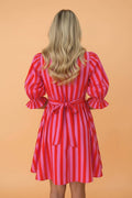 Stripe Half-Button Puff Sleeve Mini Dress