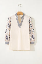 Floral Patchwork Contrast V-Neck Puff Sleeve Blouse