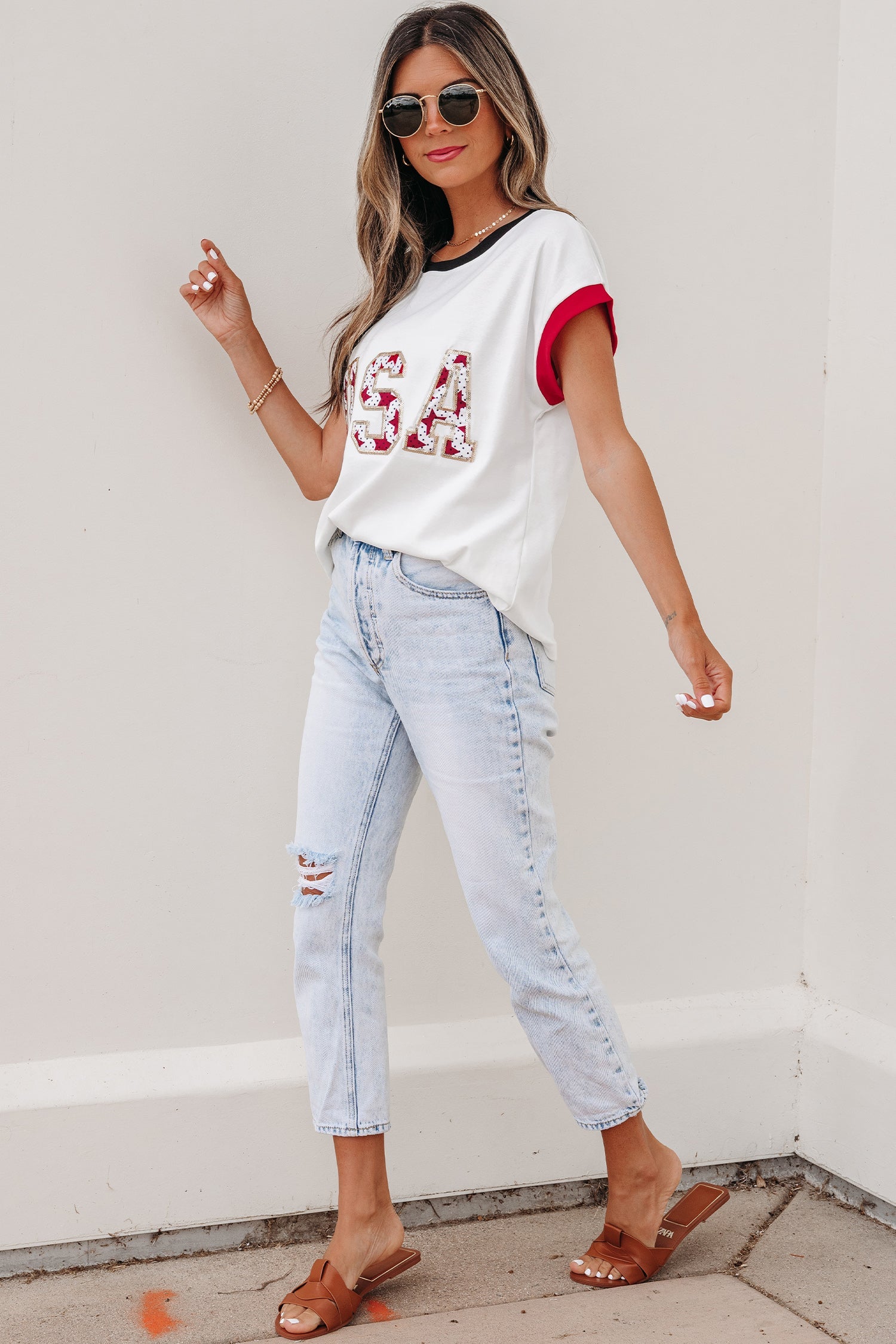 Sequin Star USA Patch Colorblock Trim T-Shirt