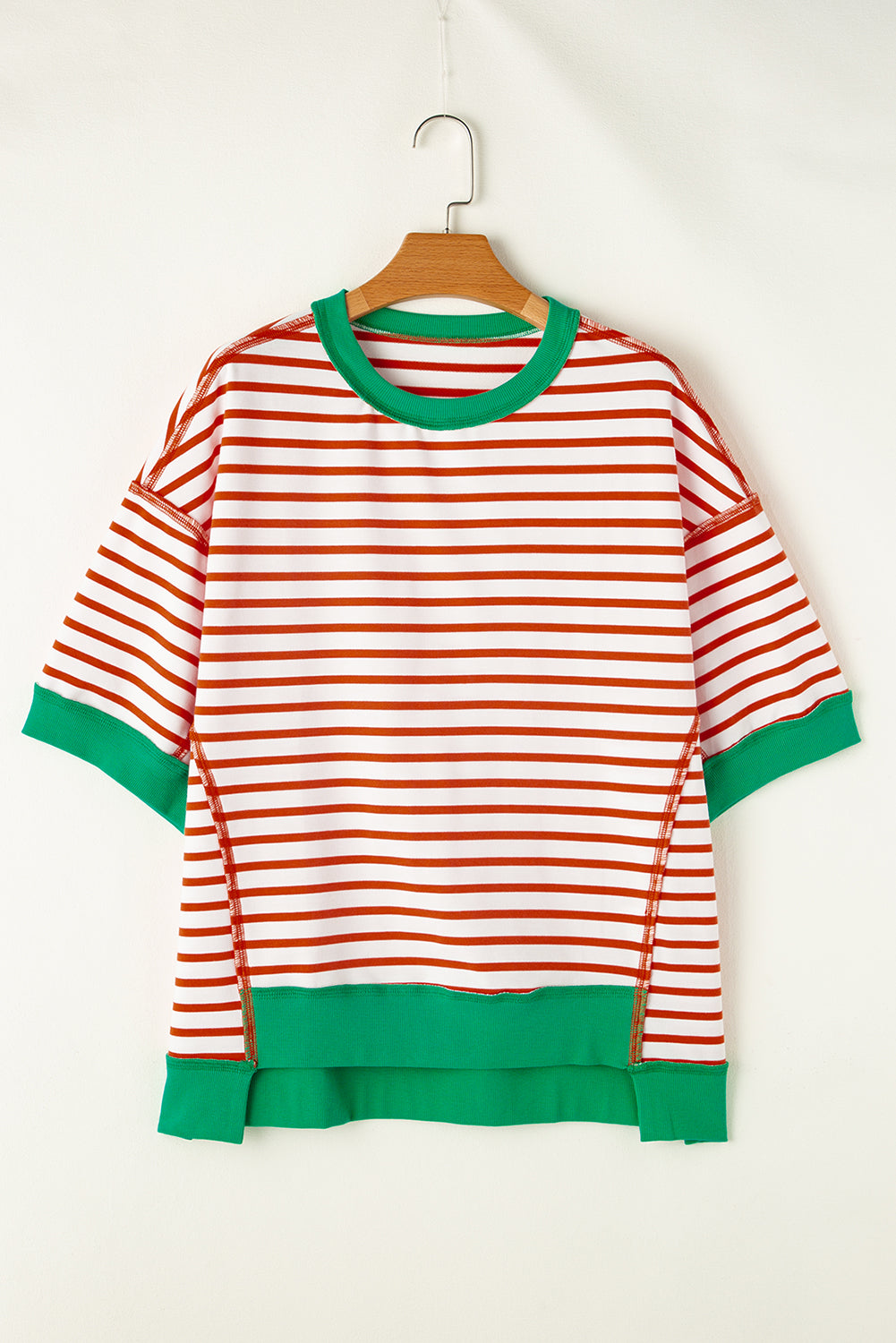 Women's Shirts - T-ShirtsOrange Stripe Oversized Contrast Trim Exposed Seam High Low - VacationGrabs