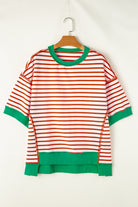 Women's Shirts - T-ShirtsOrange Stripe Oversized Contrast Trim Exposed Seam High Low - VacationGrabs