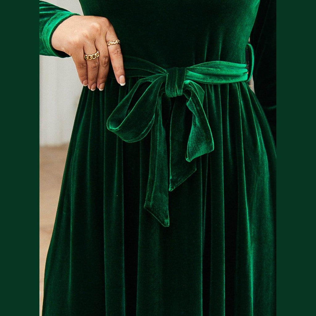 Tie Front Round Neck Long Sleeve Maxi Dress - VacationGrabs