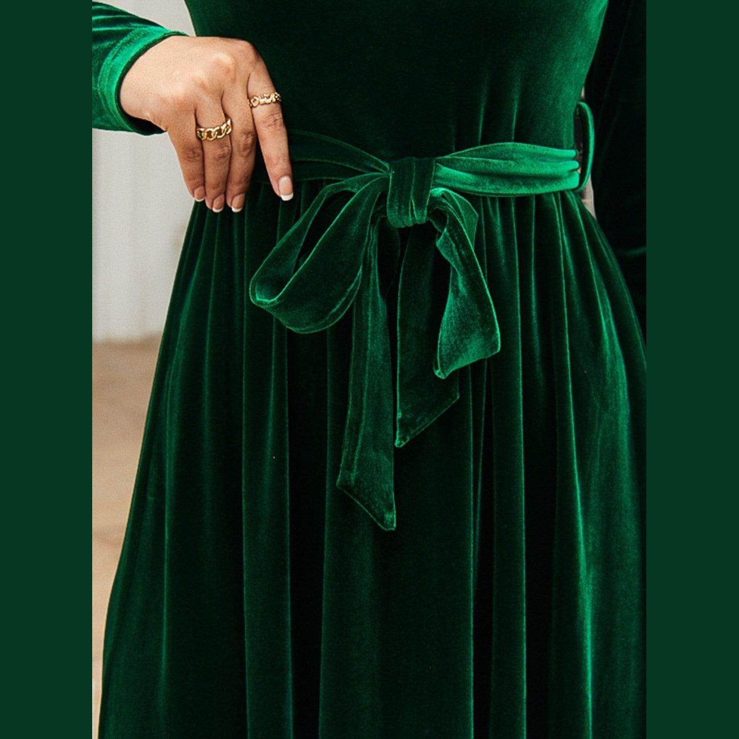 Tie Front Round Neck Long Sleeve Maxi Dress - VacationGrabs