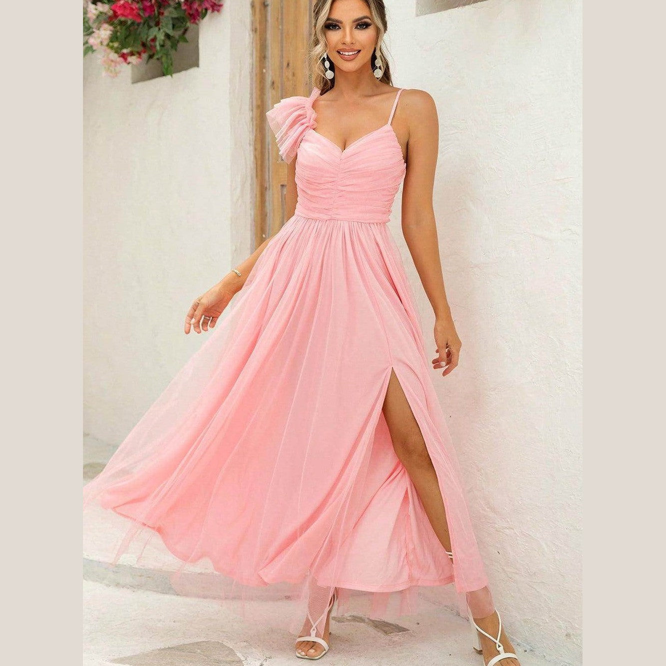 Asymmetrical Ruched Slit Dress - VacationGrabs