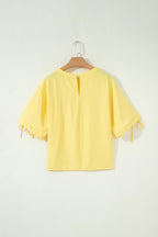 Solid Pleated Tie Sleeve Babydoll Blouse