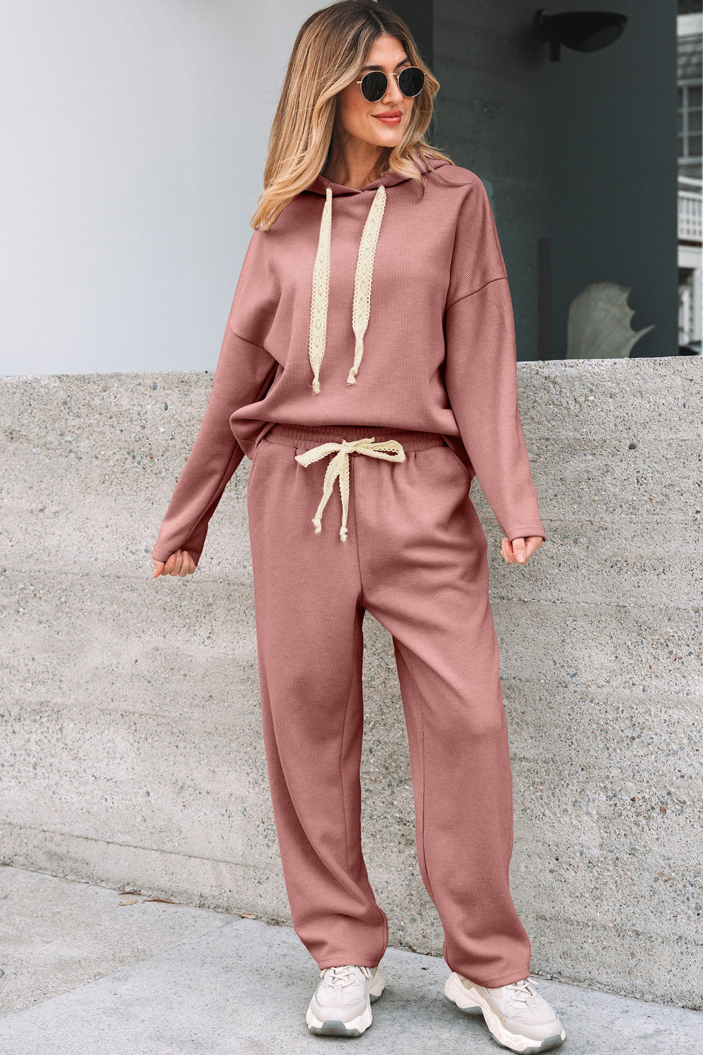 Solid Corduroy Lace Hoodie and Pants Set