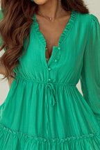 Solid Frilly V-Neck Puff Sleeve Mini Dress