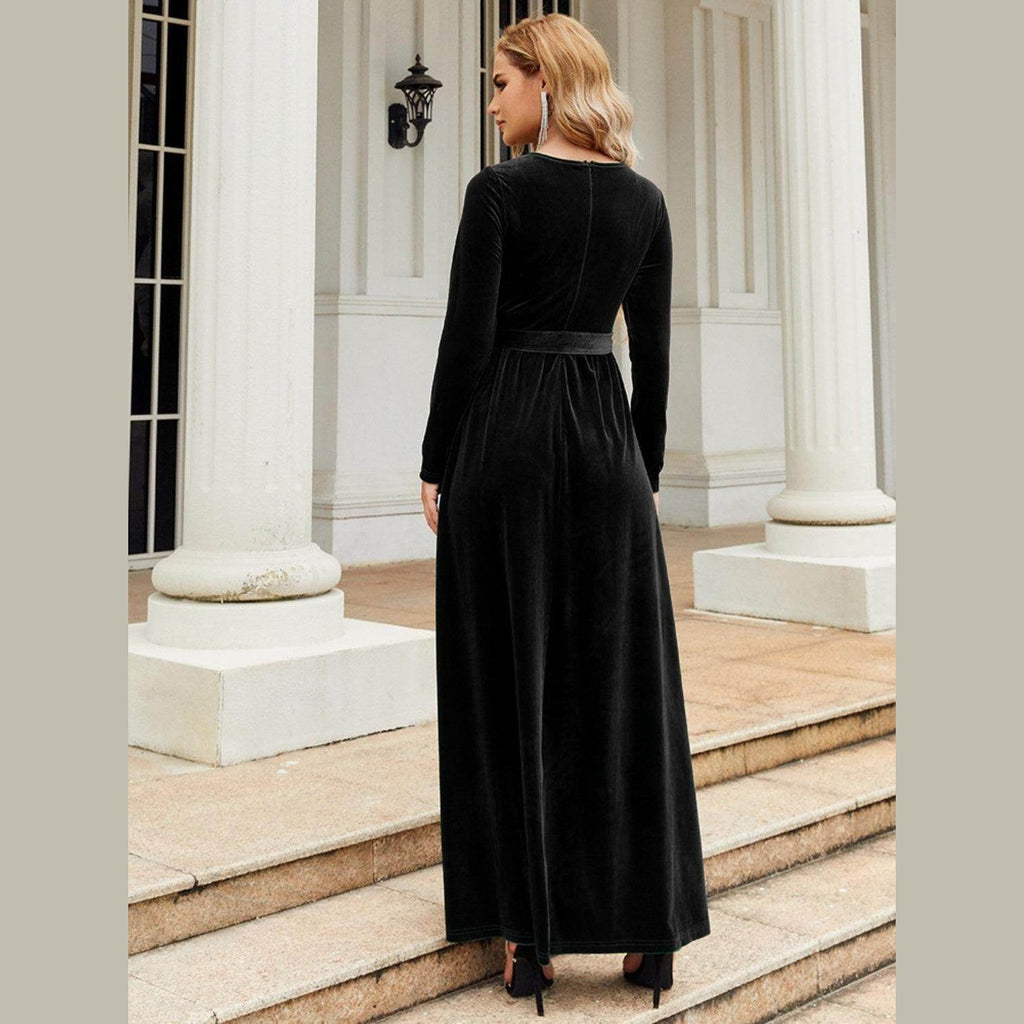 Tie Front Round Neck Long Sleeve Maxi Dress - VacationGrabs