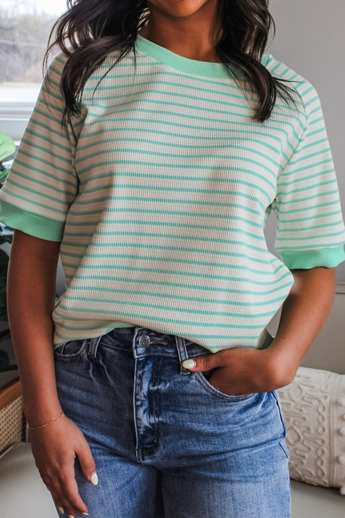 Stripe Colorblock Trim Round Neck Short Sleeve Tee