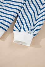 JUNIPER BLVD striped drop shoulder sweatshirt with blue and white stripes and contrasting cuffs