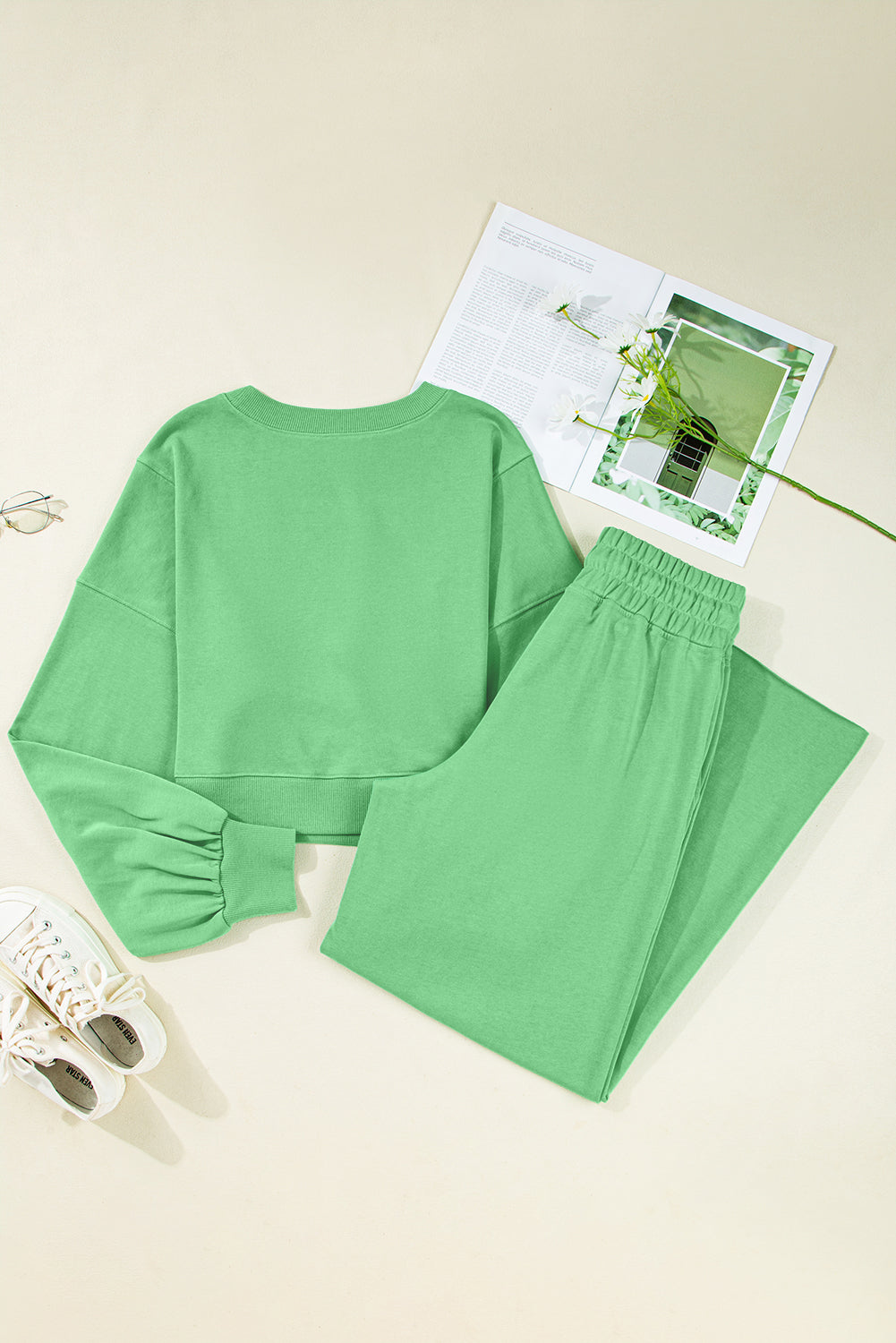Solid Puff Sleeve Top and Drawstring Pants Set