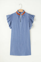 Stripe Frilly Neck Shirred Ruffle Sleeve Mini Dress