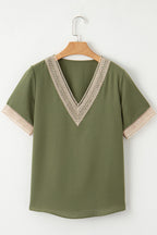 Contrast Lace Trim V-Neck Short Sleeve Blouse