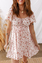 Floral Front Tie Shirred Waist Ruffle Mini Dress