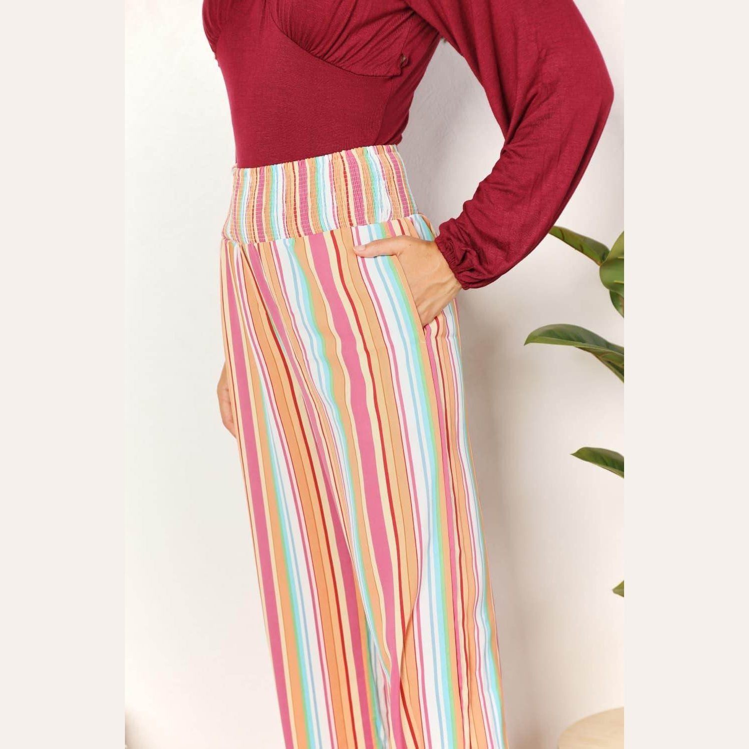 Double Take Striped Smocked Waist Pants with Pockets - VacationGrabs